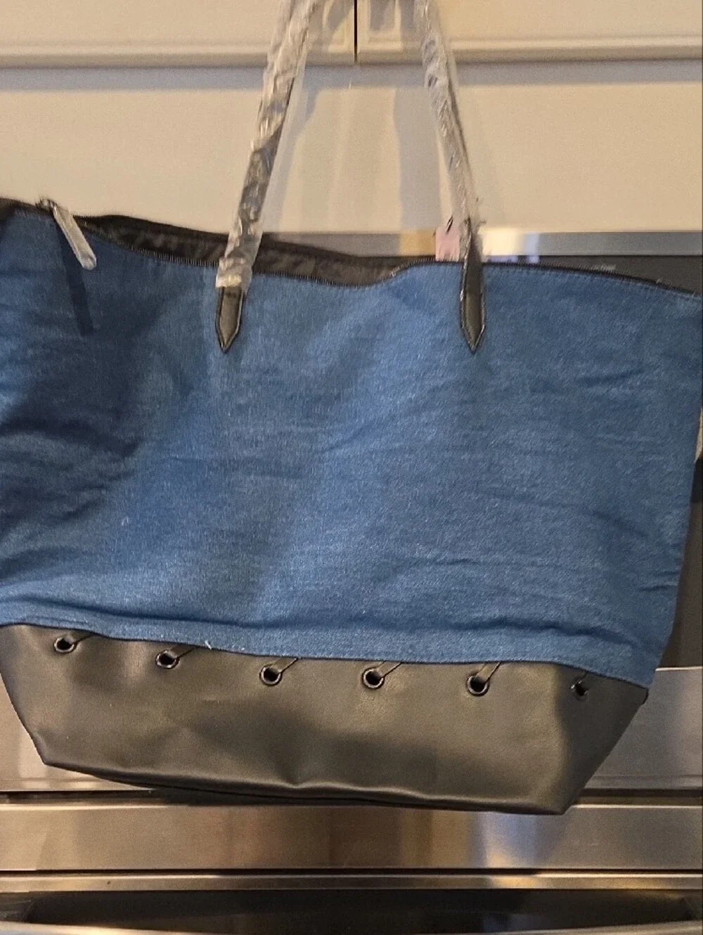 Victoria's Secret Navy Denim Tote with Black Pouch NWT